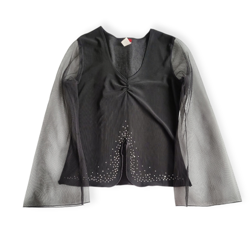 Vintage Y2K Whimsigoth Sheer Angel Sleeve Top Rhinestone Embellished Black Large